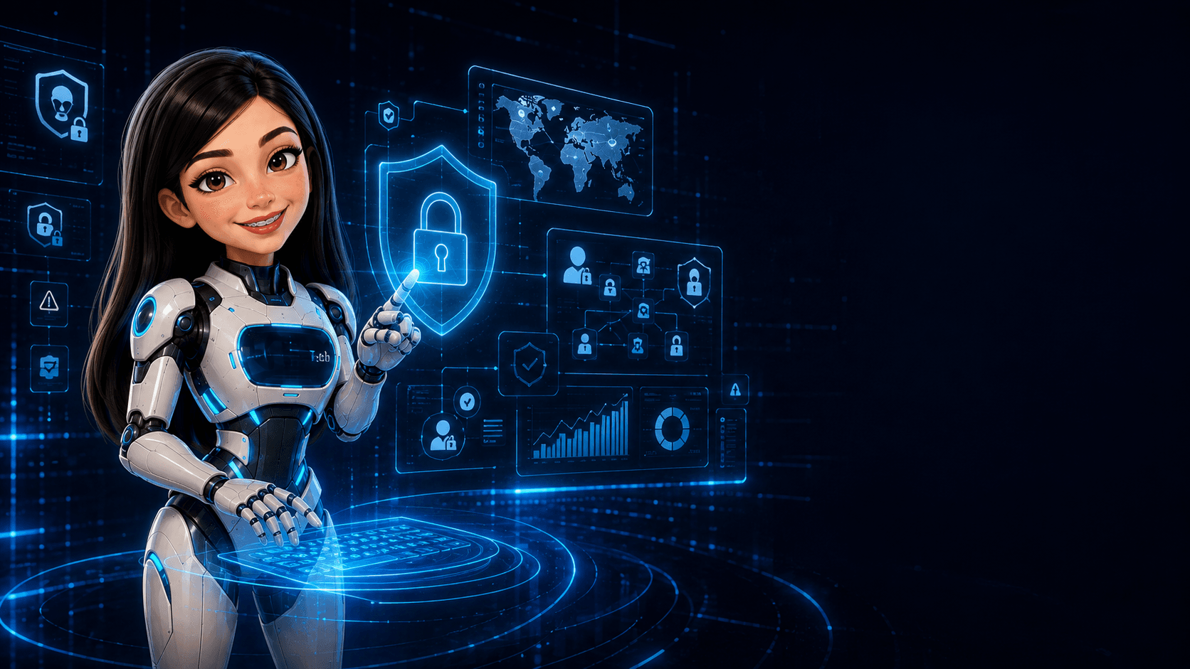 Especialista tecnológica frente a hologramas de protección, identidades y ciberseguridad.