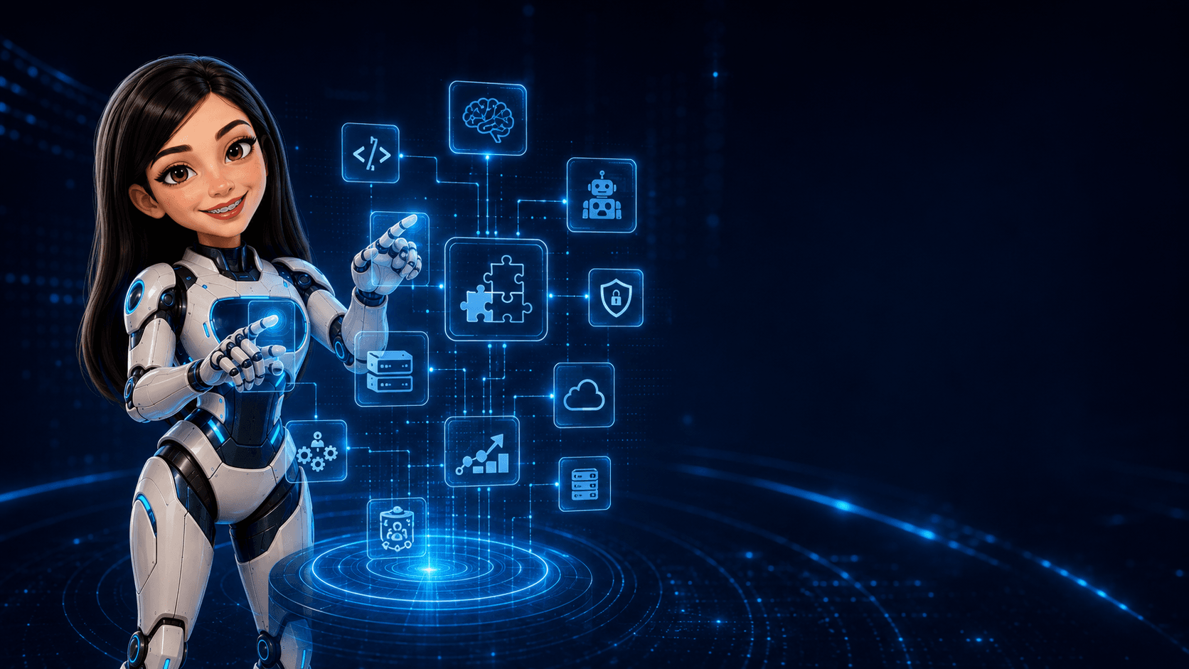 Especialista tecnológica frente a un entorno holográfico de desarrollo de software.